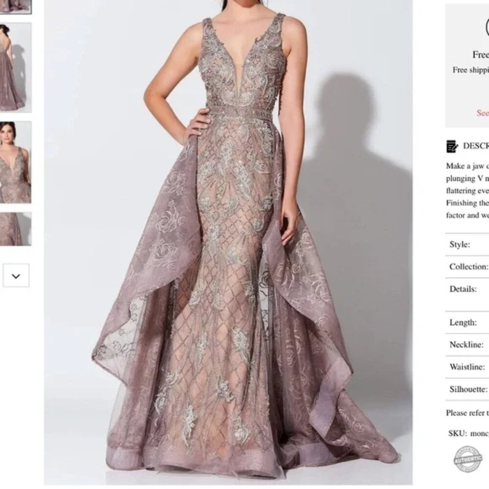 IVONNE D FOR MON CHERI EMBROIDERED GOWN WITH TRAIN SIZE 12 MOCHA/NUDE